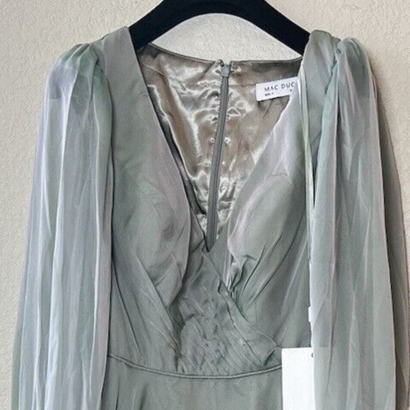NEW Mac Duggal  Sheer Blouson Sleeve Sage Green Surplice Gown 67873 Dress - Picture 4 of 8